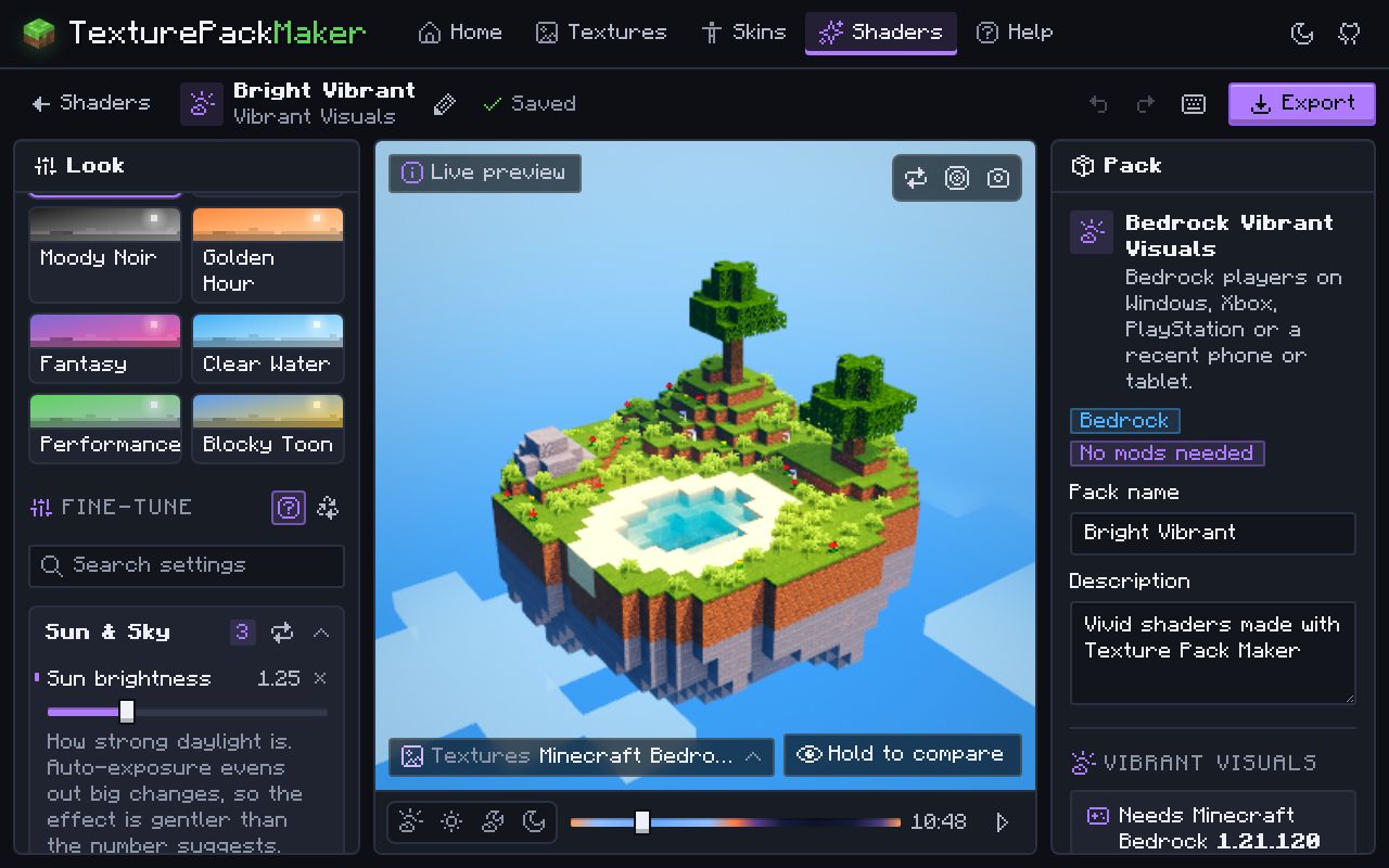 The Shader Maker for Bedrock Vibrant Visuals: a bright preview with a blue sky, presets and a sun brightness slider, and badges saying no mods are needed.
