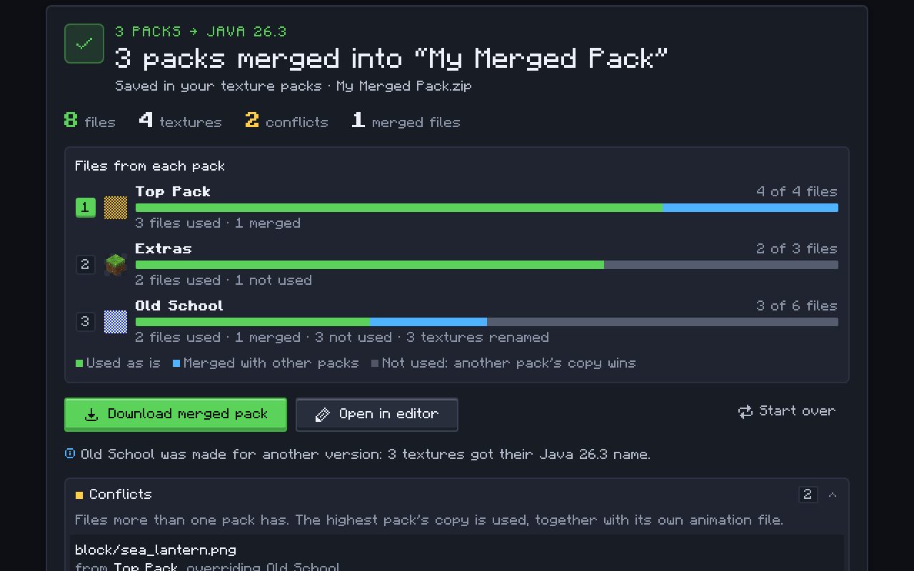 The merge result: 3 packs merged into one, with a bar per pack showing files used, merged and not used, and the list of conflicts.