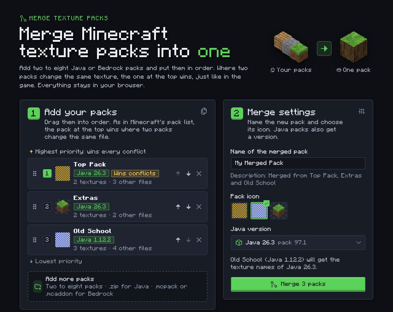 Merge Texture Packs with three packs in priority order (Top Pack, Extras and a Java 1.12.2 pack), the merged pack name, icon choice and Java 26.3 as the target version.