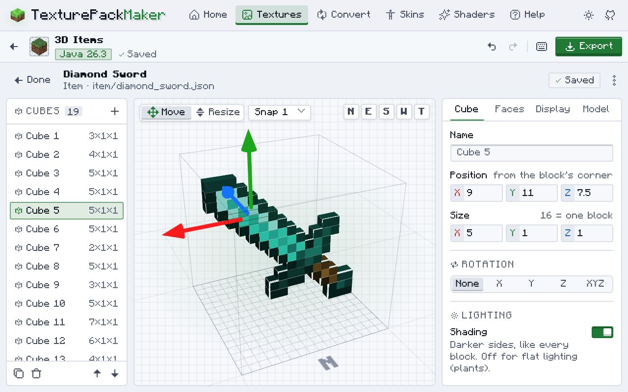 A espada de diamante como modelo 3D de 19 cubos com 1 pixel de espessura. O cubo 5 está escolhido na lista e aparece com setas de mover na vista 3D, com posição (9, 11, 7,5) e tamanho (5 × 1 × 1) na aba “Cube”.