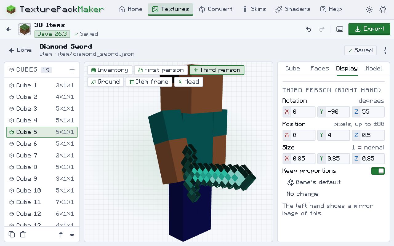 A aba “Display” com “Third person”: a espada de diamante 3D na mão de um modelo de jogador e os campos de rotação (0, -90, 55), posição (0, 4, 0,5) e tamanho (0,85) da mão direita.