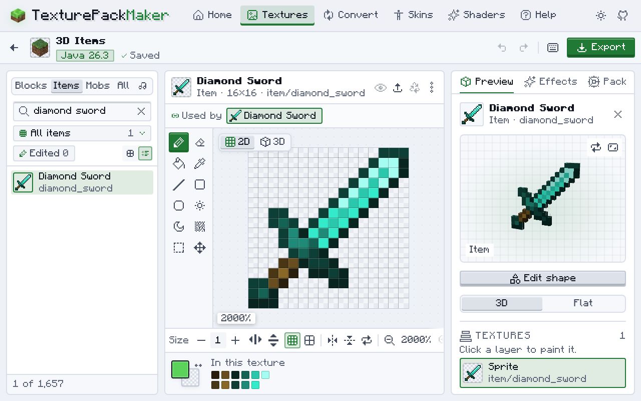 O editor de texturas com a espada de diamante escolhida na lista de itens: o sprite de 16×16 no editor de pixels e, na aba “Preview”, a espada plana com o botão “Edit shape” embaixo.