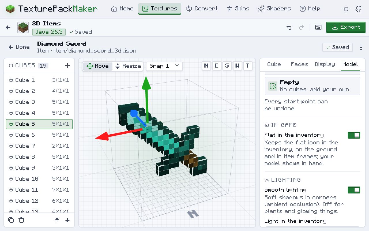 A aba “Model” com “Flat in the inventory” ativado, que mantém o ícone plano no inventário, no chão e nas molduras. No topo agora aparece item/diamond_sword_3d.json.