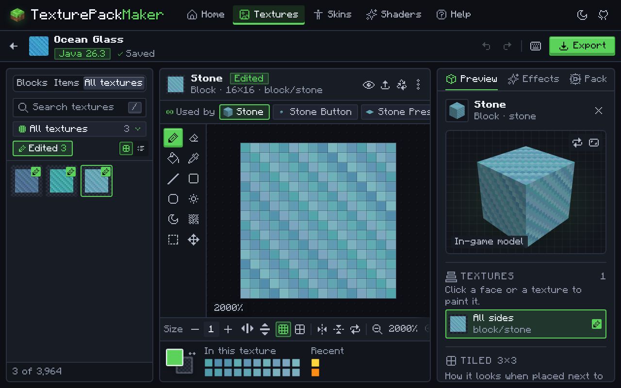 An existing pack opened from a .zip: the Edited filter lists its three changed textures, its blue-tinted stone texture is in the pixel editor and on a 3D stone block in the preview.