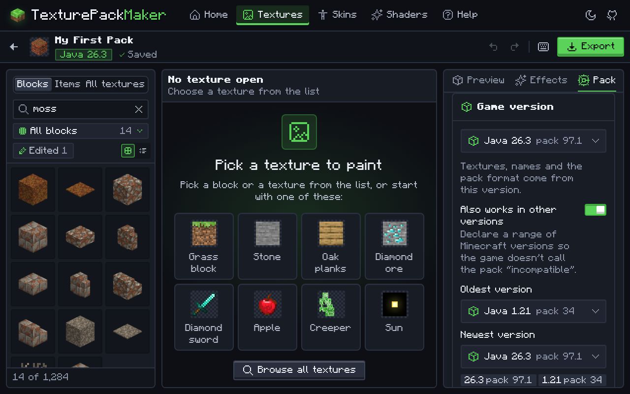 The Pack tab’s game version card: the pack is made for Java 26.3 (pack format 97.1) and also works from Java 1.21 (pack format 34) to 26.3.