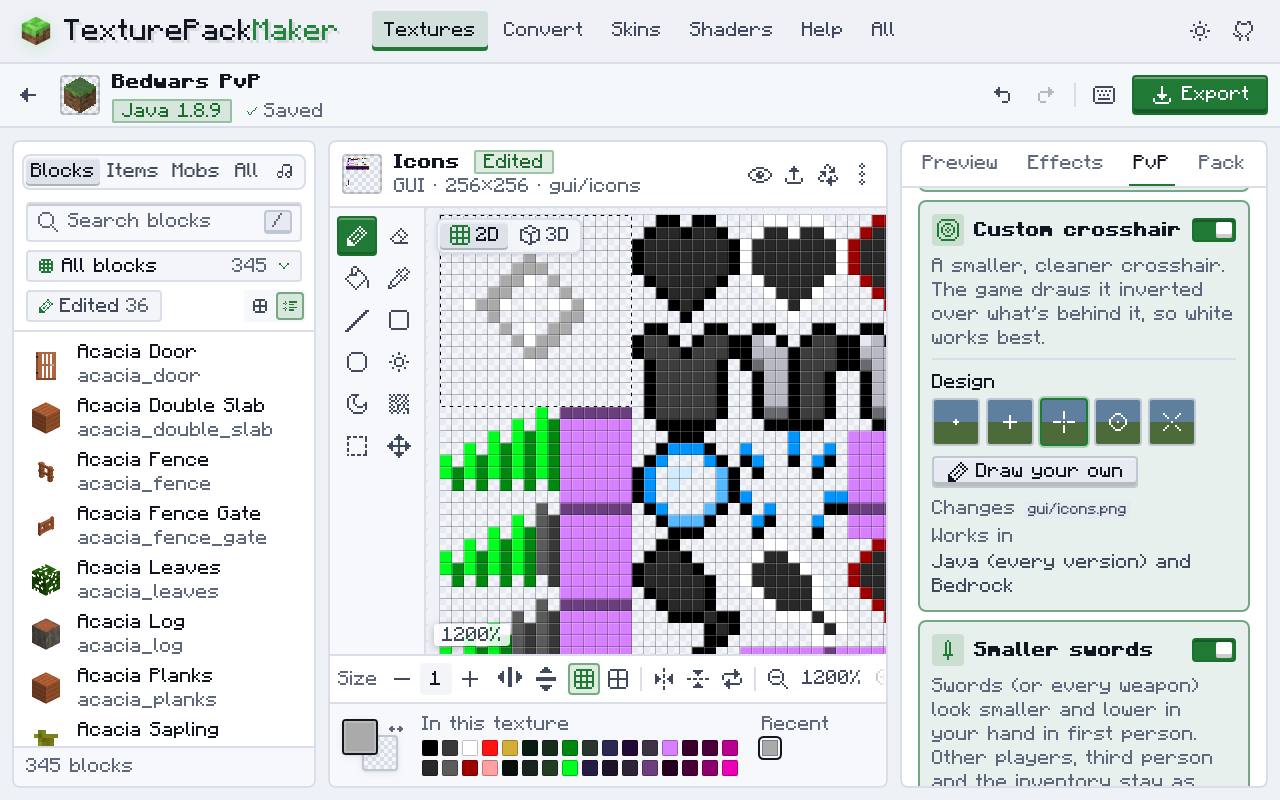 icons.png ampliado, con el cuadrado de 16×16 de la mira arriba a la izquierda seleccionado y un rombo gris pintado dentro, junto a los corazones y la armadura, y la tarjeta Mira personalizada con cinco diseños y Dibujar la tuya.