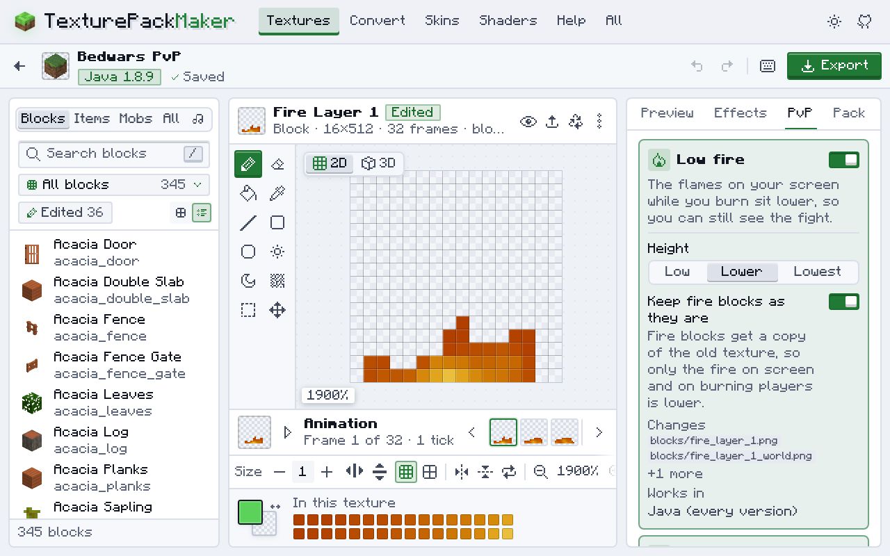 El editor de texturas de un pack PvP para Java 1.8.9: fire_layer_1 abierto en el editor de píxeles con las llamas en la mitad de abajo del fotograma, y la pestaña PvP con Fuego bajo activado, la altura en Más bajo y Dejar los bloques de fuego como están activado.