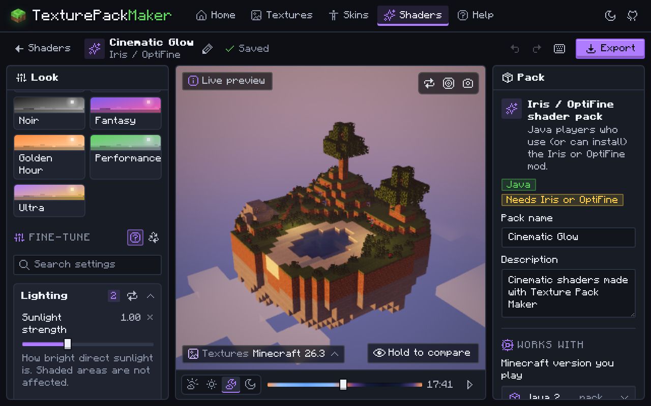 The Shader Maker for Iris and OptiFine at sunset: the preview shows warm low light and long shadows, with presets and a sunlight strength slider.