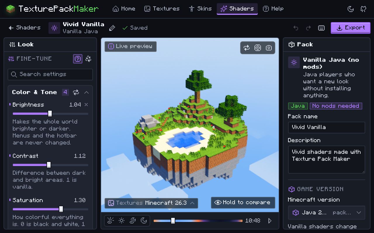 The Shader Maker for Vanilla Java with colour and tone sliders (brightness, contrast and saturation) next to a live 3D preview of a grass island.