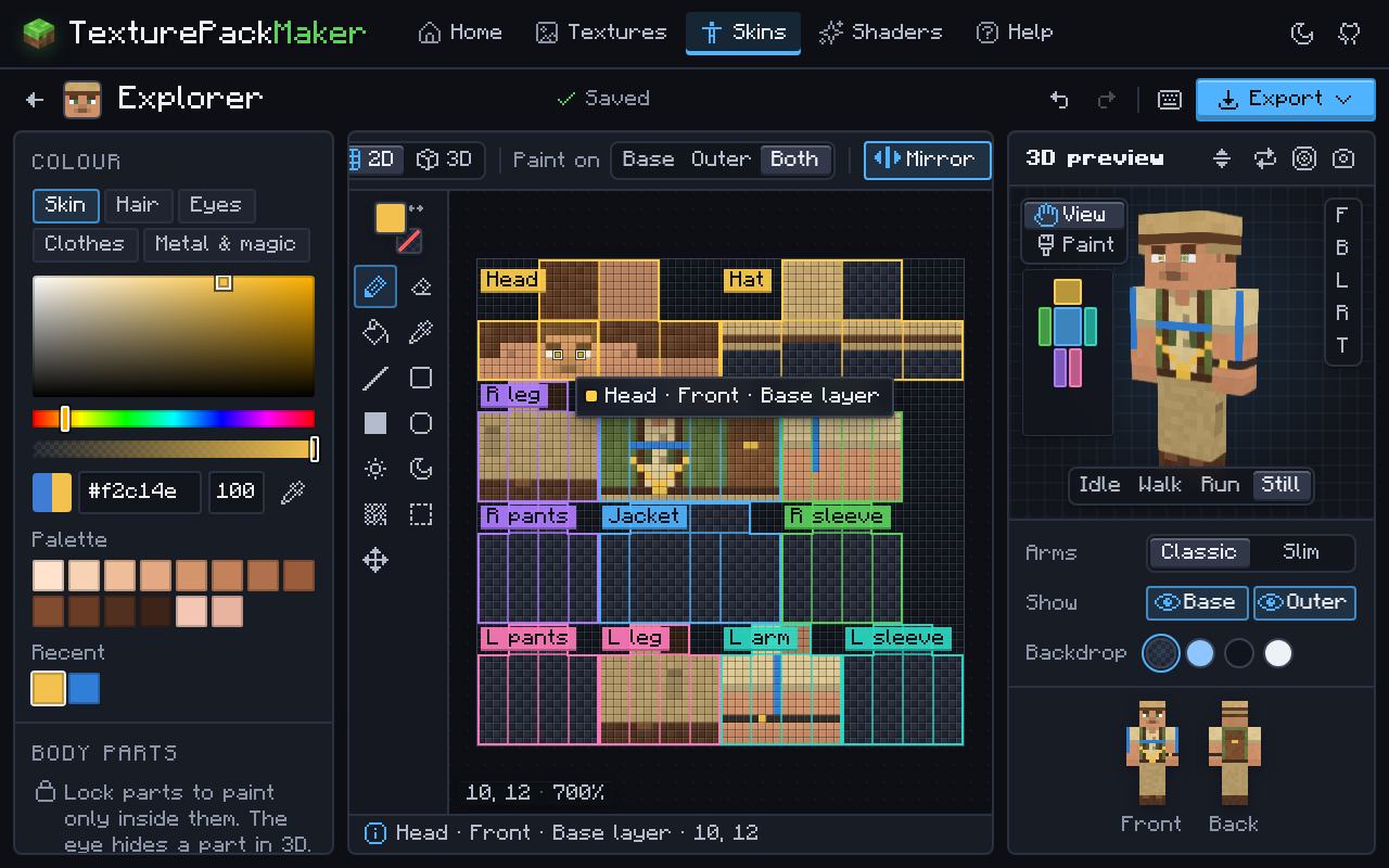 The skin editor on the 64×64 template with labelled body-part areas and mirror painting on, blue and yellow strokes on the chest and arms, and the 3D preview of the skin on the right.