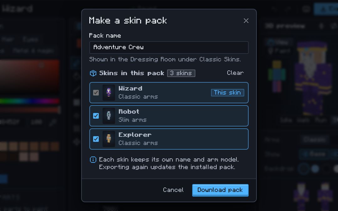 The Make a skin pack dialog: pack name Adventure Crew with three skins included, Wizard (classic arms, this skin), Robot (slim arms) and Explorer (classic arms), and a Download pack button.