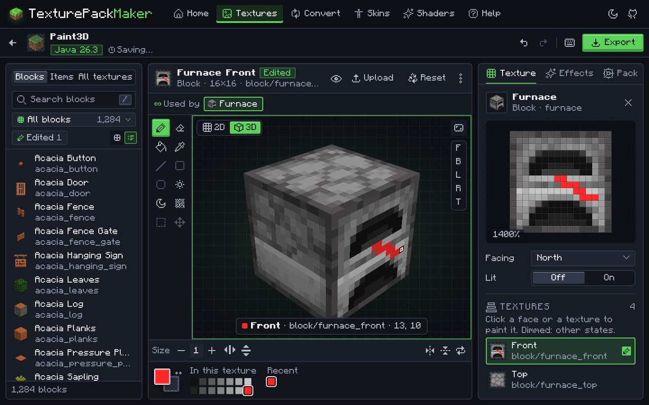 Der Textur-Editor im 3D-Modus: Ein Ofenmodell füllt die Fläche, rote Striche sind direkt auf seine Vorderseite gemalt, daneben die flache Ofenfront-Textur mit denselben Strichen.