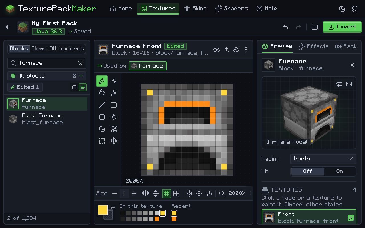 The texture editor with the furnace front open in the 16×16 pixel editor, orange strokes around the fire opening, and the same paint shown on the furnace’s 3D in-game model in the preview panel.