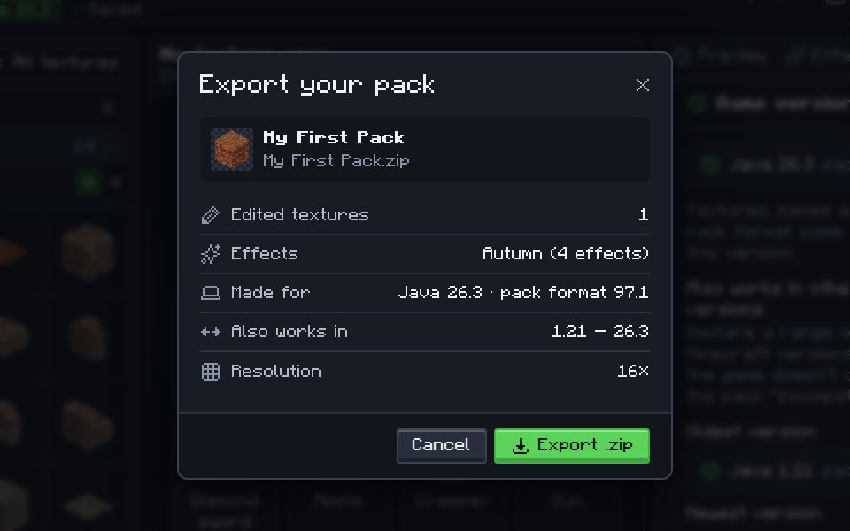 The Export your pack dialog for My First Pack.zip: one edited texture, the Autumn effects, made for Java 26.3 with pack format 97.1, works in 1.21 to 26.3, and an Export .zip button.